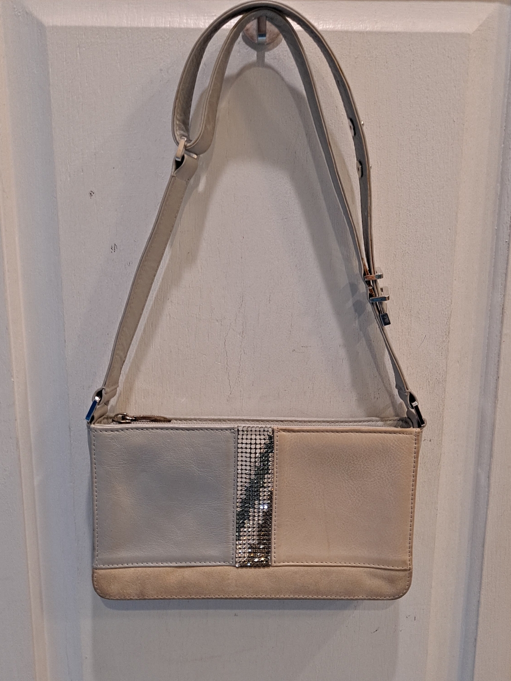 Swarovski Crystals Y2k Beige Gray Tri-panel Colorblock Baguette Shoulder Bag